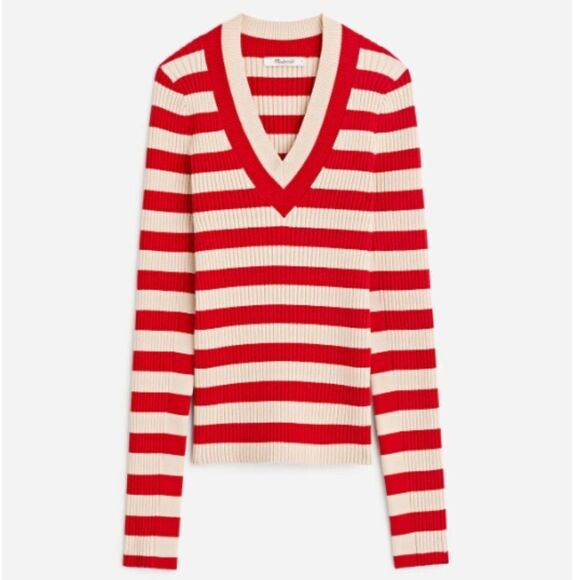 Madewell NT749 Red and Cream v-neck ribbed stripe Sweater Size small NWT - Picture 1 of 12